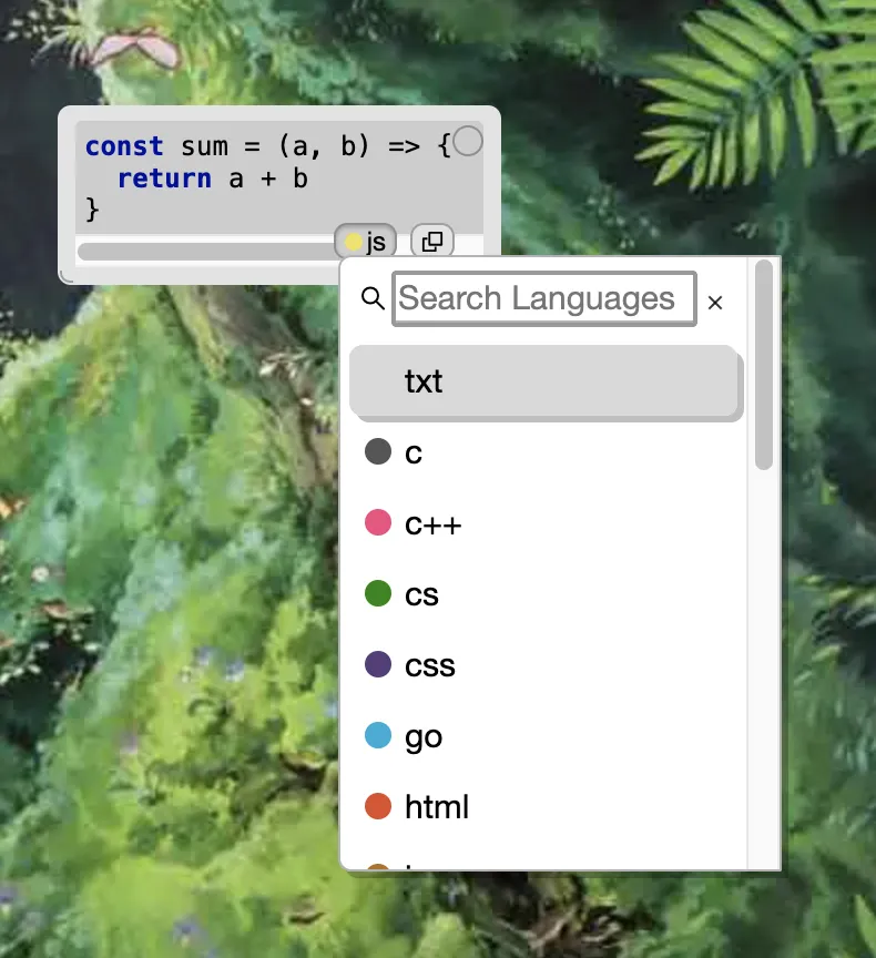 code block language picker